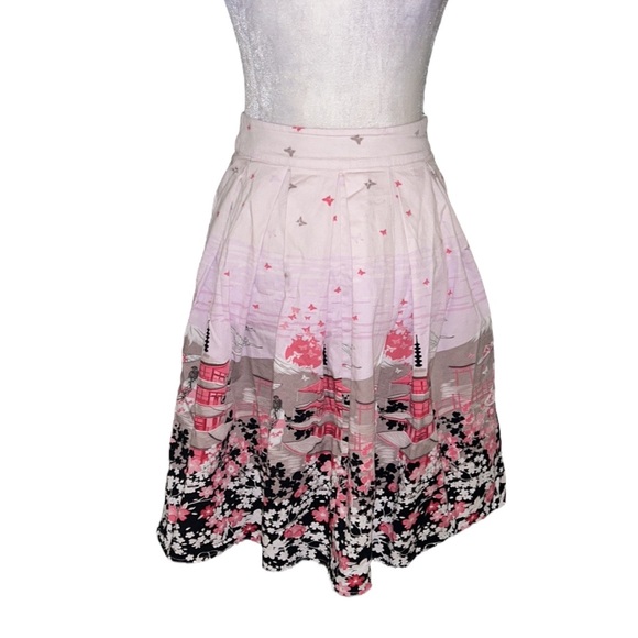 Pink Chinoiserie Pagoda Floral Blush Pink Pleated Flared Midi Skirt - XS - Picture 8 of 12